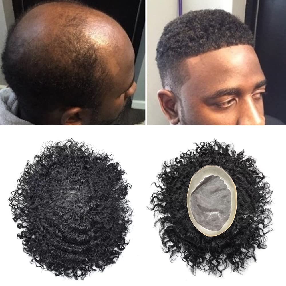 Afro Curly Men's Wigs Mono Lace with NPU Curly Weave Hair Unit Black Men's Toupee Afro Toupee For Men African Kinky Curly Fine Mono Durable Hair Replacement System Tape Around African American Black Unit AFRO AAA1 Hair Extension Unit for Black Men (7
