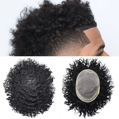 Afro Curly Men's Wigs Mono Lace with NPU Curly Weave Hair Unit Black Men's Toupee Afro Toupee For Men African Kinky Curly Fine Mono Durable Hair Replacement System Tape Around African American Black Unit AFRO AAA1 Hair Extension Unit for Black Men (5