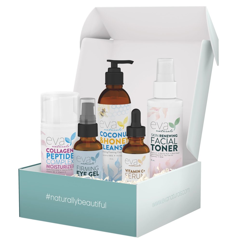 Eva Naturals Rejuvenating Skincare Set 5-in-1 Routine with Cleanser, Toner, Vitamin C Plus Serum, Eye Gel and Collagen Peptide Moisturizer for Face, Anti-Wrinkle, Dark Spots, Acne and Skin Replenish