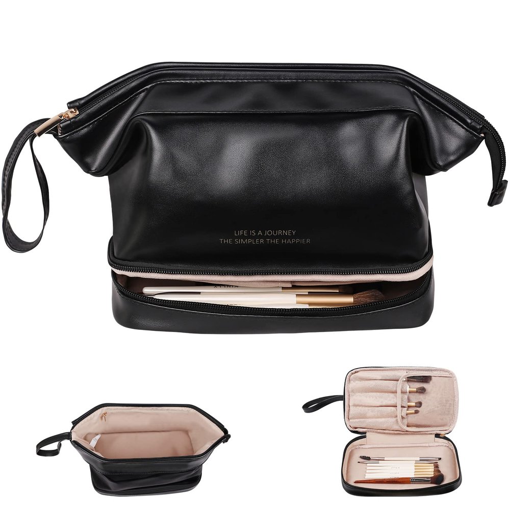 Abiudeng Large Makeup Bag for Women,Travel Makeup Organizer with Brush Holder, Dopp Kit Essentials,Waterproof PU Cosmetic Bag for Traveling,Multi Compartment, Cute,Spacious Capacity-Black