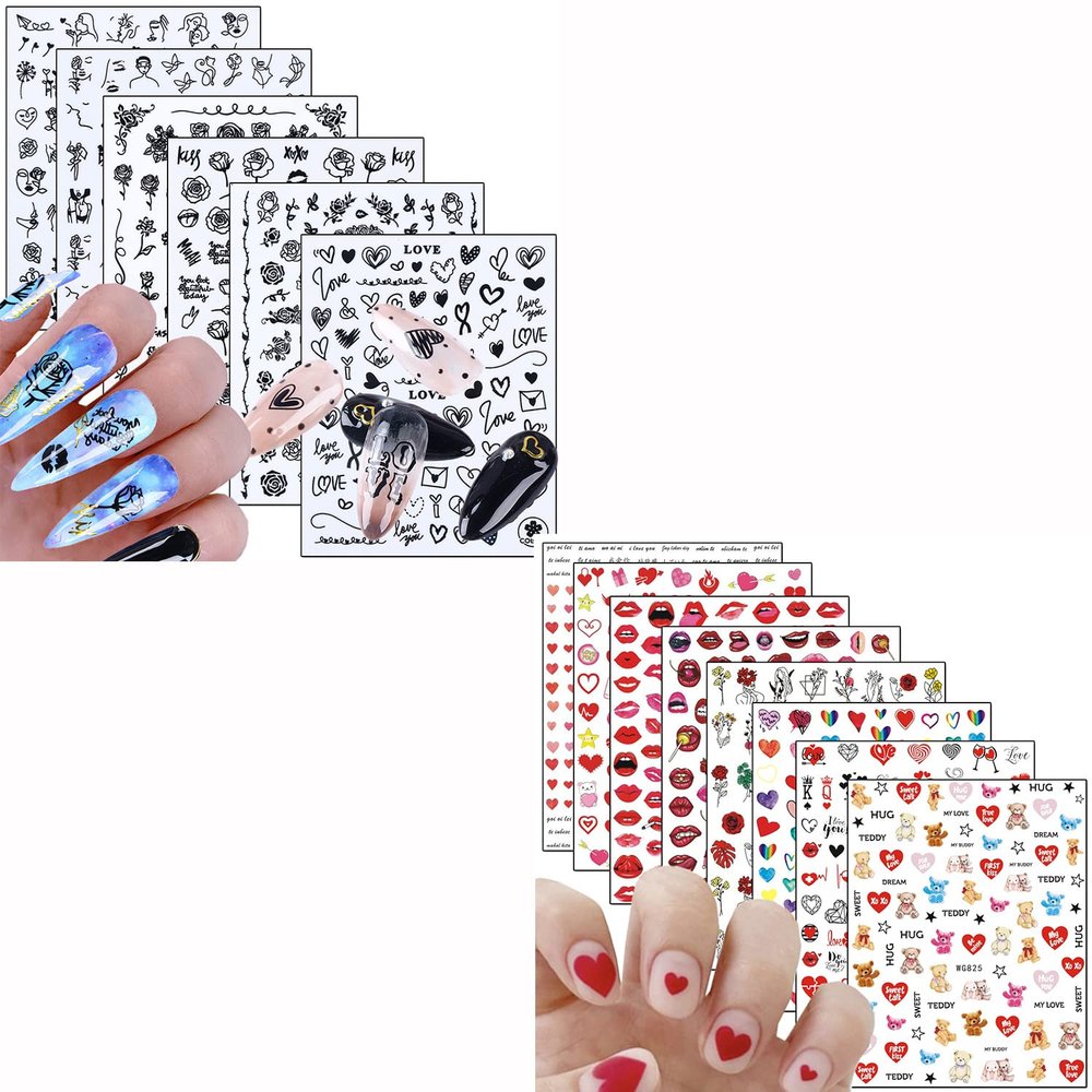 6 Sheets Rose Nail Stickers and 8 Sheets Love Heart Nail Stickers