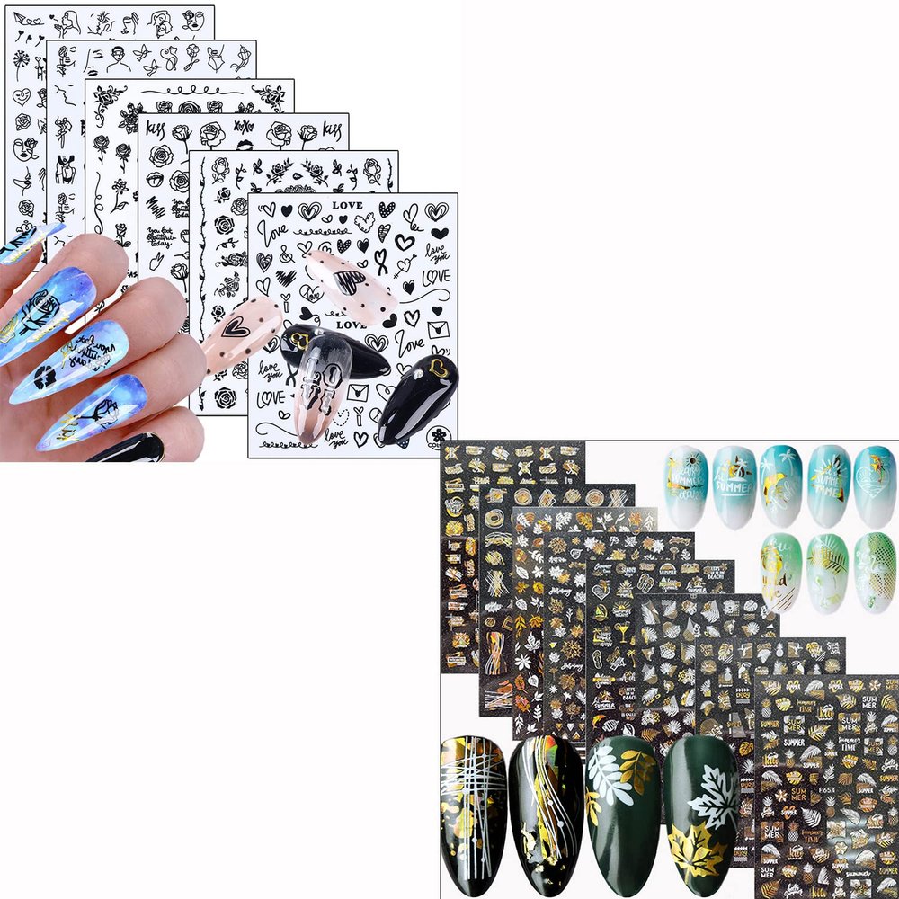 6 Sheets Rose Nail Stickers and 8 Sheets Gold Nail Stickers