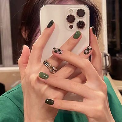 LIGHT RAIN Green Press on Nails - Checkmate, Luxury Reusable Seven Layers Gel UV Finish Checkerboard False Nails, Handmade Nail Art with Design by Licensed Manicurist, Short Square Shape, Small Size