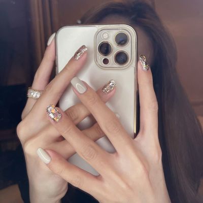 LIGHT RAIN Bling Press on Nails Medium Length - Paris, Luxury Reusable Seven Layers Gel UV Finish Fake Nails, Handmade Nail Art with Design by Licensed Manicurist, Medium Square Shape, Small Size