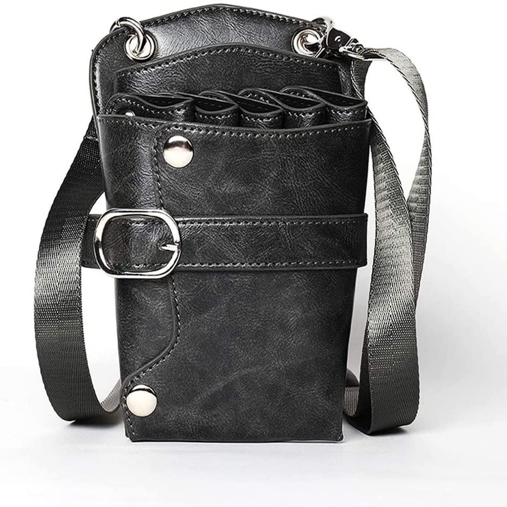 QJZZO Scissor Pouch Holster with Belt for Hairdressers, Leather Salon Hair Stylist Barber Scissors Shear Hairdressing Waist Holder Case Bag-Grey
