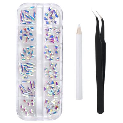 120 Pcs Transparent AB Crystal Flatback Rhinestones Set for Nail, Art, Crafts, Makeup, Tumblers Glitter Round with Tweezers and Picking Pen