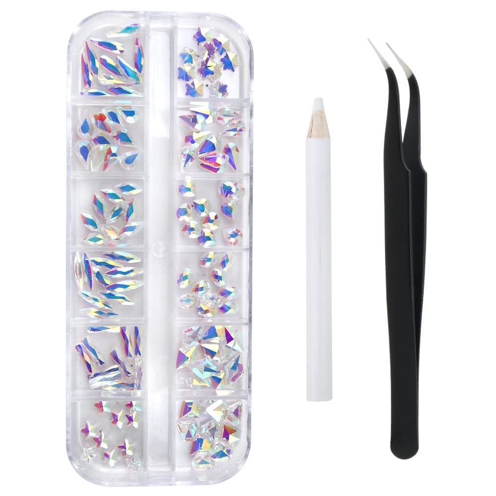 120 Pcs Transparent AB Crystal Flatback Rhinestones Set for Nail, Art, Crafts, Makeup, Tumblers Glitter Round with Tweezers and Picking Pen