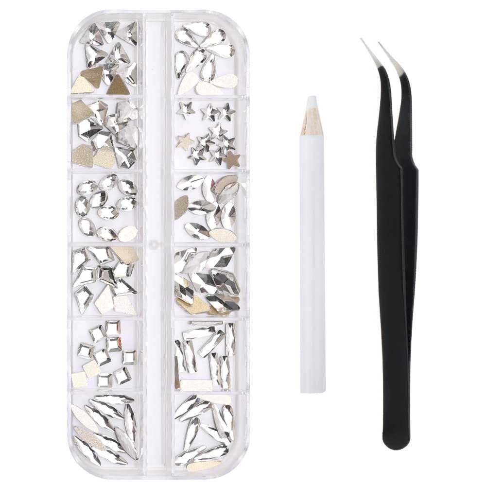 120 Pcs White Crystal Flatback Rhinestones Set for Nail, Art, Crafts, Makeup, Tumblers Glitter Round with Tweezers and Picking Pen