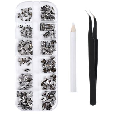 120 Pcs Black Crystal Flatback Rhinestones Set for Nail, Art, Crafts, Makeup, Tumblers Glitter Round with Tweezers and Picking Pen