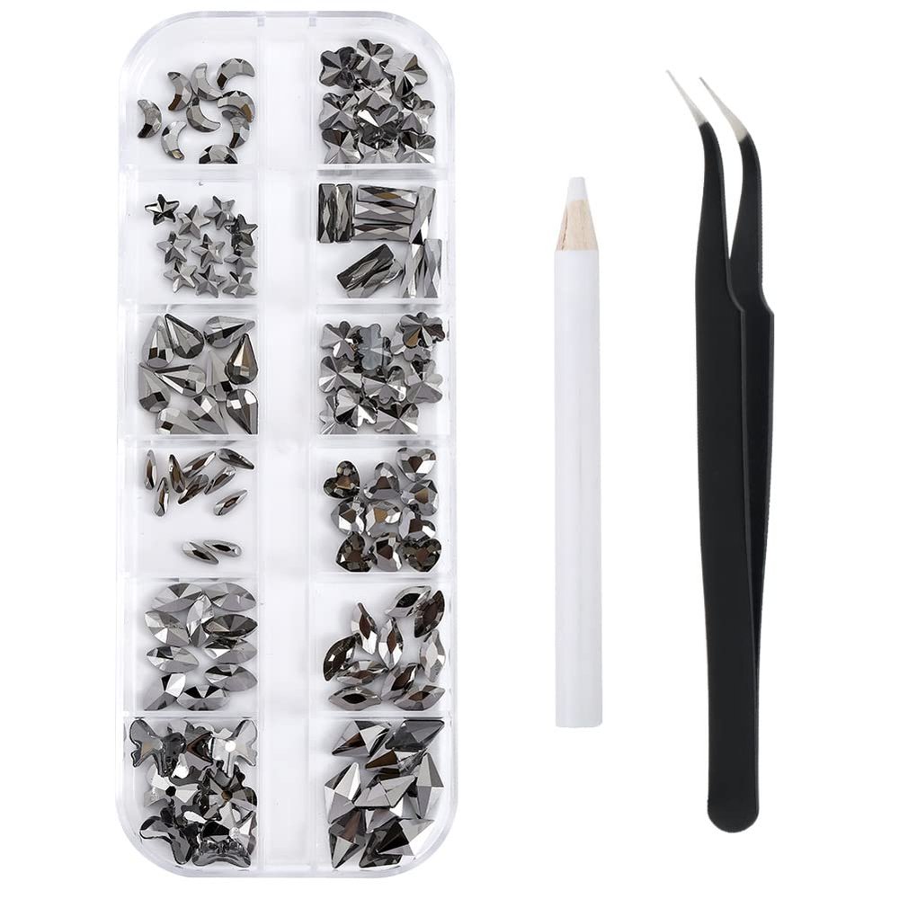 120 Pcs Black Crystal Flatback Rhinestones Set for Nail, Art, Crafts, Makeup, Tumblers Glitter Round with Tweezers and Picking Pen