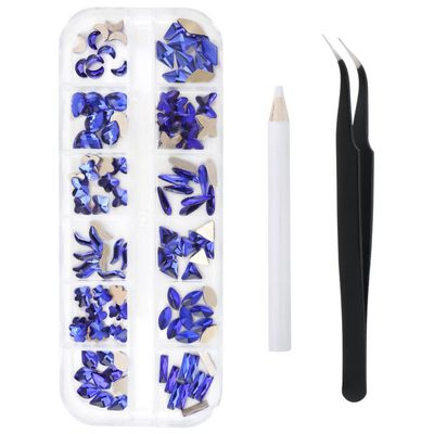 120 Pcs Blue Crystal Flatback Rhinestones Set for Nail, Art, Crafts, Makeup, Tumblers Glitter Round with Tweezers and Picking Pen