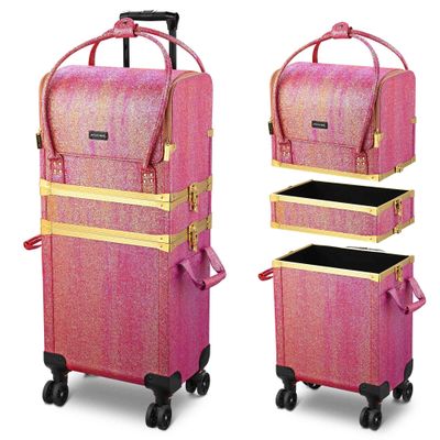 BYOOTIQUE 3 IN1 Rolling Makeup Case Sequin Cosmetic Case Artist Travel Train Case Lockable Rolling Leather Trolley with Removable Belt and Organizer Storage Hand Bag, Glamorous Red