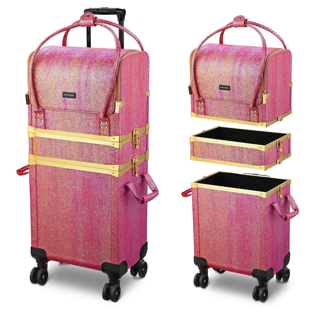 BYOOTIQUE 3 IN1 Rolling Makeup Case Sequin Cosmetic Case Artist Travel Train Case Lockable Rolling Leather Trolley with Removable Belt and Organizer Storage Hand Bag, Glamorous Red