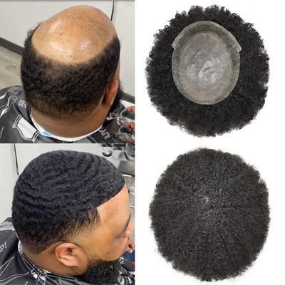 Afro Curl Mens Toupee Breathable Lace Poly PU African American Hair System Peluca para hombre FACE MIRACLE (1B# OFF BLACK 12mm afro wave)