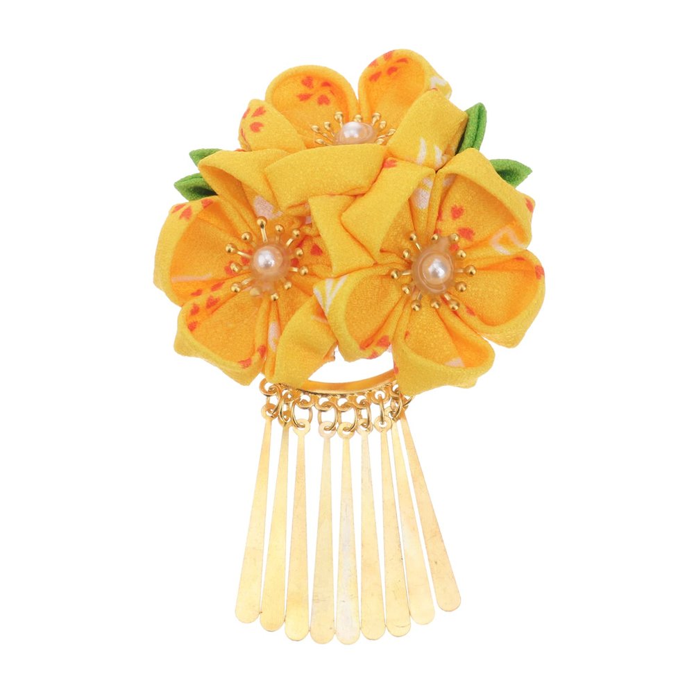 ABOOFAN Japanese Hair Clip Kimono Kanzashi Flower Hairpin Fans Shape Barrette Tassel Bobby Pin for Women Girls Cosplay Decoration Yellow