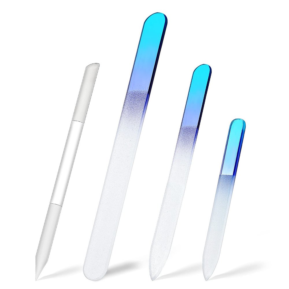 4 Pcs Glass Nail File Set Nail Files and Cuticle Pusher Double Sided Crystal Fingernail Buffers for Women Natural Fingernail Manicure Pedicure Toenail Buffer Cuticle Trimmer