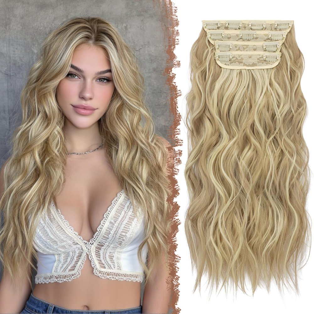 FESHFEN Clip in Hair Extensions - 4 PCS Long Wavy Thick Highlighted Clip in Hairpieces Synthetic Hair Extension for Women, Dirty Blonde 20 Inch