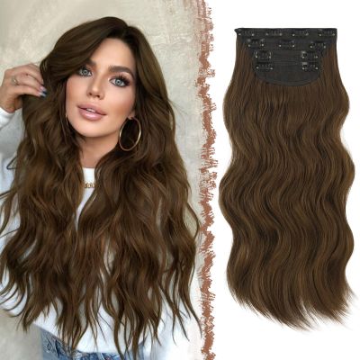 FESHFEN Clip in Hair Extensions - 4 PCS Long Wavy Thick Clip in Hairpieces Full Head Synthetic Hair Extension for Women, Chestnut Brown 20 Inch