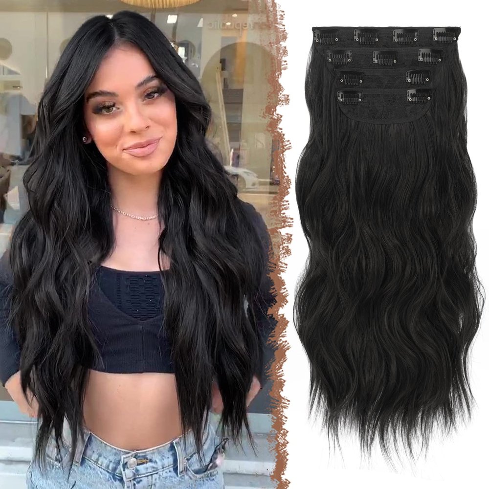 FESHFEN Clip in Hair Extensions - 4 PCS Long Wavy Thick Clip in Hairpieces Full Head Soft Synthetic Hair Extension for Women, Natural Black 20 Inch