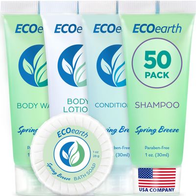 EcoEarth Hotel Toiletries Bundle (Spring Breeze, 1 oz Each, 250 Pieces) 5-Piece Set: 50 Each Round Bar Soap, Shampoo, Conditioner, Body Lotion & Body Wash - Bulk Mini Guest Amenities