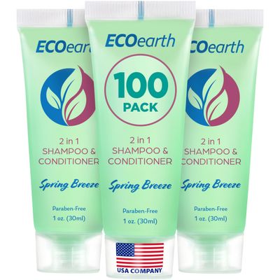 EcoEarth Travel Size Shampoo Conditioner 2-in-1 (1 fl oz, 100 PK, Spring Breeze) Delight Your Guests w/Revitalizing & Refreshing Conditioning Shampoo Amenities, Small Size Hotel Toiletries in Bulk