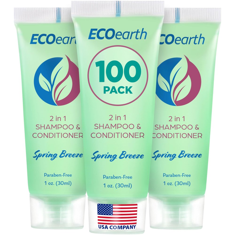 EcoEarth Travel Size Shampoo Conditioner 2-in-1 (1 fl oz, 100 PK, Spring Breeze) Delight Your Guests w/Revitalizing & Refreshing Conditioning Shampoo Amenities, Small Size Hotel Toiletries in Bulk