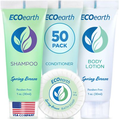 EcoEarth Hotel Toiletries Bundle (Spring Breeze, 1 oz each, 200 Pieces) 4-Piece Set: 50 Round Bar Soap, 50 Shampoo, 50 Conditioner & 50 Body Lotion - Bulk Mini Guest Amenities