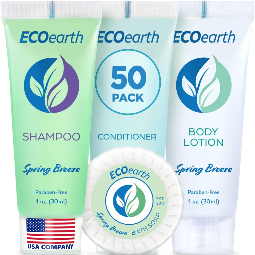 EcoEarth Hotel Toiletries Bundle (Spring Breeze, 1 oz each, 200 Pieces) 4-Piece Set: 50 Round Bar Soap, 50 Shampoo, 50 Conditioner & 50 Body Lotion - Bulk Mini Guest Amenities