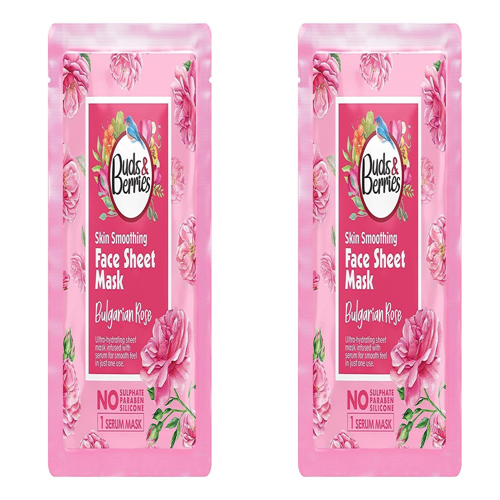 Buds & Berries Skin Smoothing Bulgarian Rose Sheet Mask | No Paraben No Silicone - 25 g | Pack of 2 (50 ml)