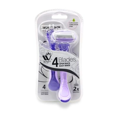 W Beauty Razors for Women, 4 Blades Shaver, Infused with Vitamin E & Aloe, for a Simply Smoother Body Shave Bikini Hair Removal, 1 Pack (2 Pieces), Pink/Purple, (8700B1)