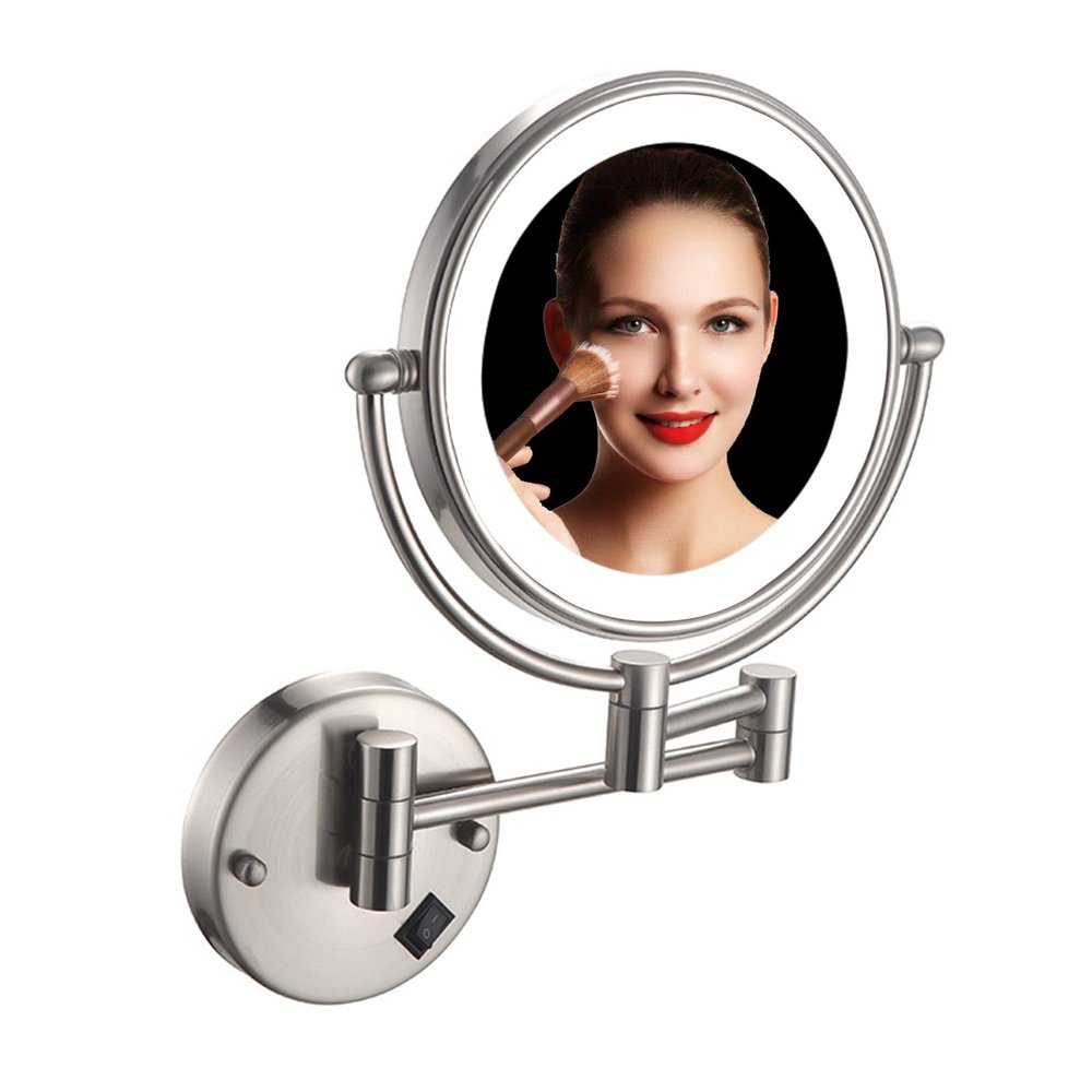 ZHANGY 8 Inch Wall Mounted Makeup Mirror with LED Lights, Plug 3X Magnifying Mirror, Wall 360Rotatable Extendable Double-Sided, Bathroom and in Beauty and Personal Care, Brushed Nickel