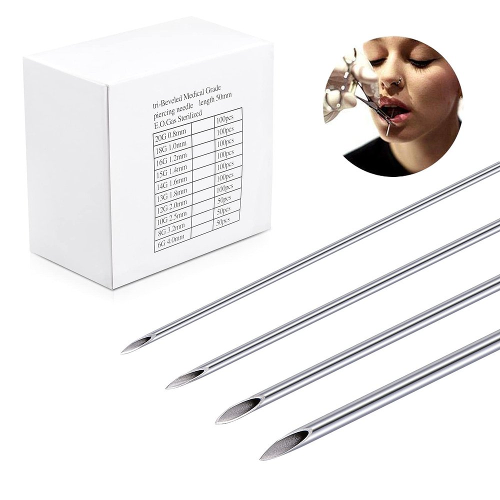 DJCIW 100PCS Mixed Body Piercing Needles, 12G 14G 16G 18G 20G Disposable Sterile Stainless Steel Piercing Needles for Ear Nose Navel Belly Nipple Tongue Lip Piercing