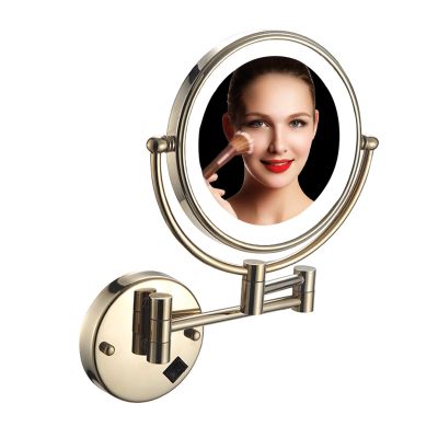 ZHANGY 8 Inch Wall Mounted Makeup Mirror with LED Lights, Plug 3X Magnifying Mirror, Wall 360Rotatable Extendable Double-Sided, Bathroom and in Beauty and Personal Care, Zirconia Gold