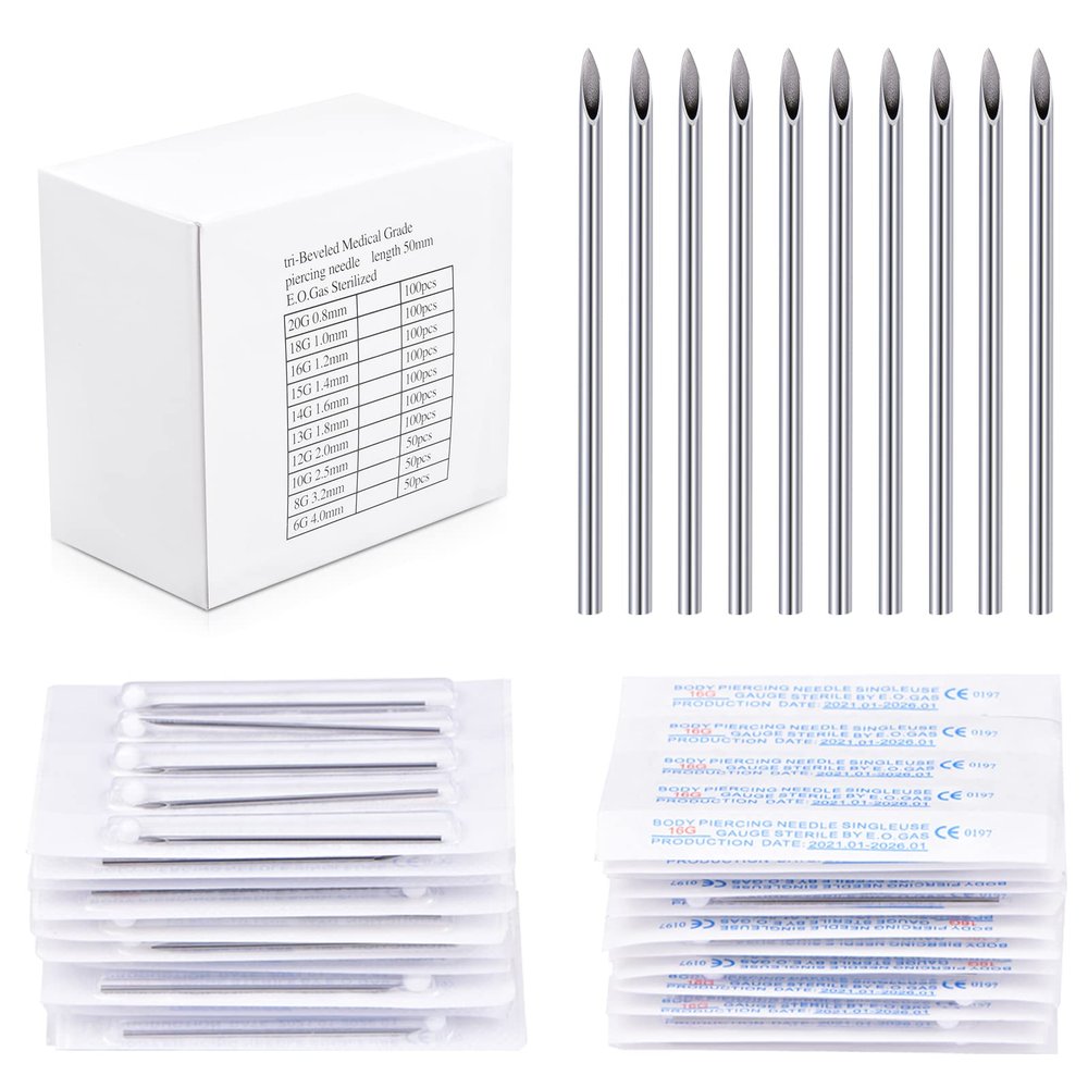 DJCIW 100PCS 14G Body Piercing Needles, Disposable Sterile Stainless Steel Piercing Needles for Septum Navel Belly Nipple Tongue Ear Industrial Piercing