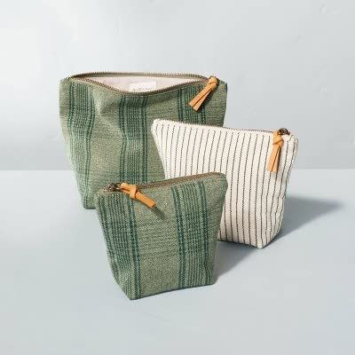 3pc Plaid & Stripes Travel Pouch Set Green/Cream - Hearth & Hand with Magnolia