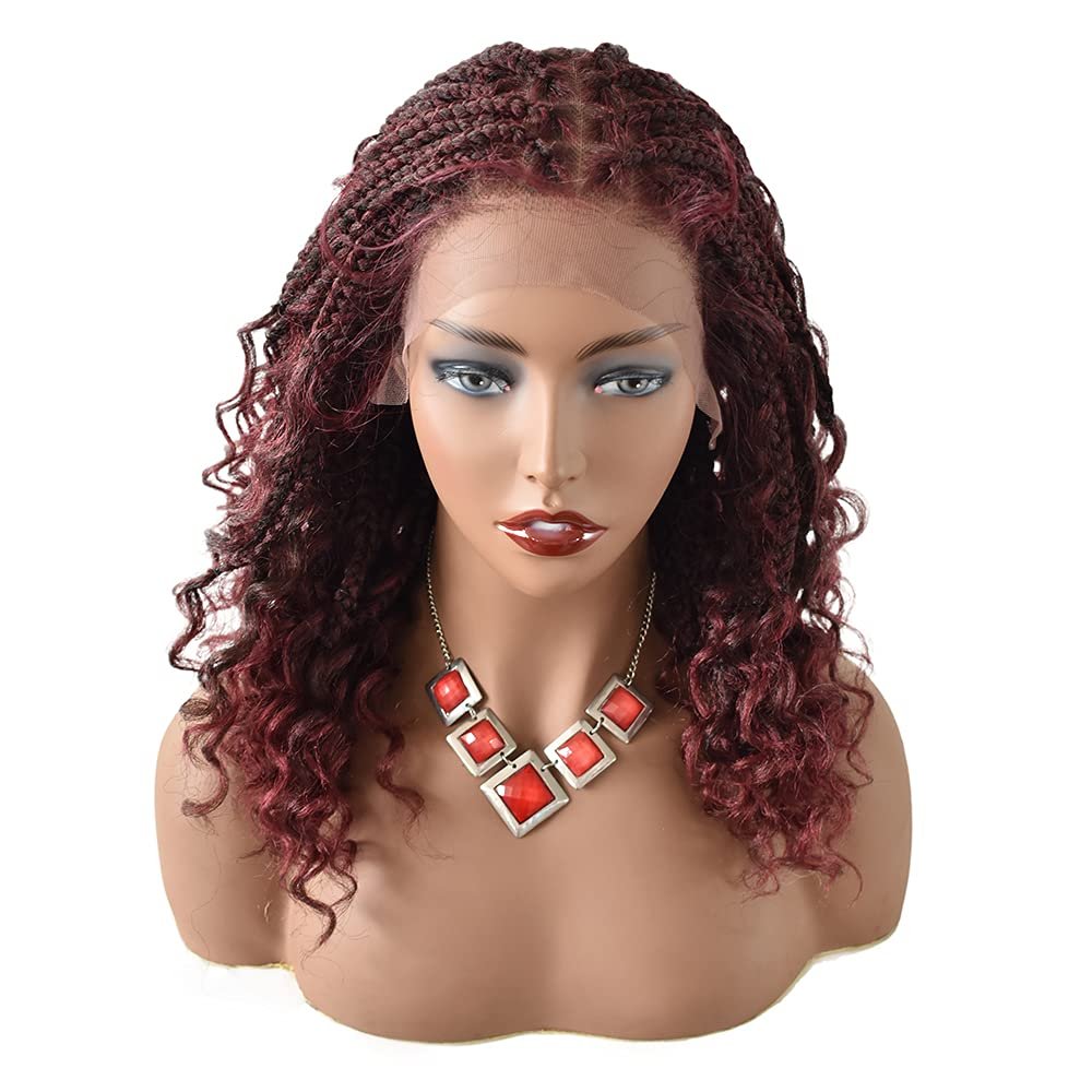 12.5x4.75 Hand Braided Swiss Lace Front Twisted Cornrow Braided Wigs with Baby Hair (#1B/99JT Black Mix Wine Red)