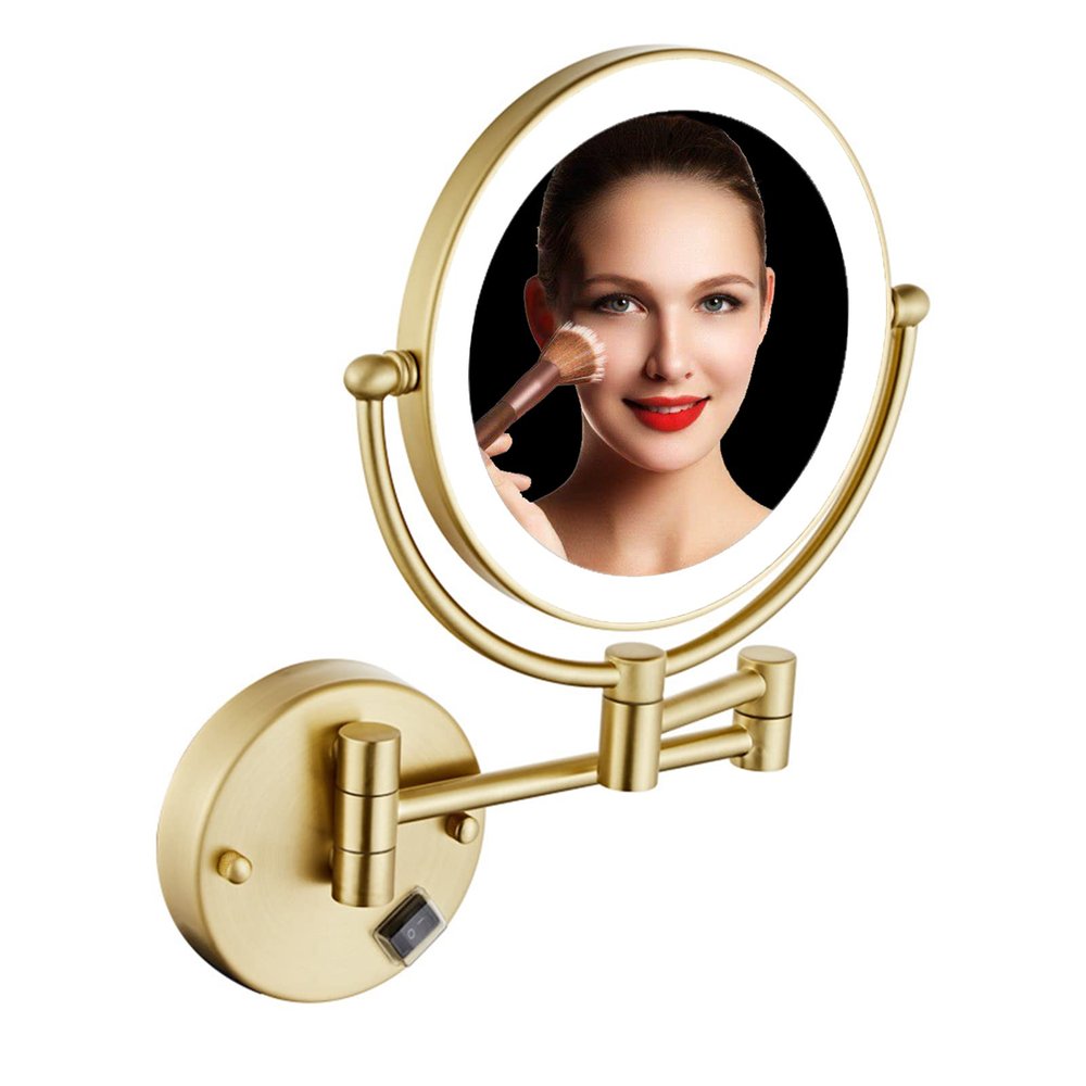 ZHANGY 8 Inch Wall Mounted Makeup Mirror with LED Lights, Plug 3X Magnifying Mirror, Wall 360Rotatable Extendable Double-Sided, Bathroom and in Beauty and Personal Care, Gold