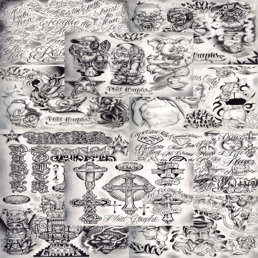 Boog From The Streets With Love Gangsta Style Tattoo Flash 10 Sheet Set 11x14" M, Great Tattoo Shop Investment For Display, Lowrider Artwork