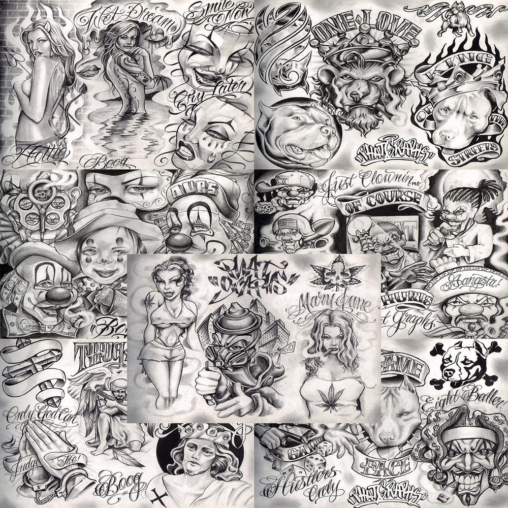 Boog From The Streets With Love Gangsta Style Tattoo Flash 7 Sheet Set 11x14" O, Great Tattoo Shop Investment For Display, Lowrider Artwork