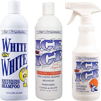 Chris Christensen Shampoo & Conditioner 16 oz Bundle - White on White Shampoo + Ice on Ice Detangling Conditioner + Ice on Ice Detangling/Finishing Spray, Groom Like a Professional, Made in USA