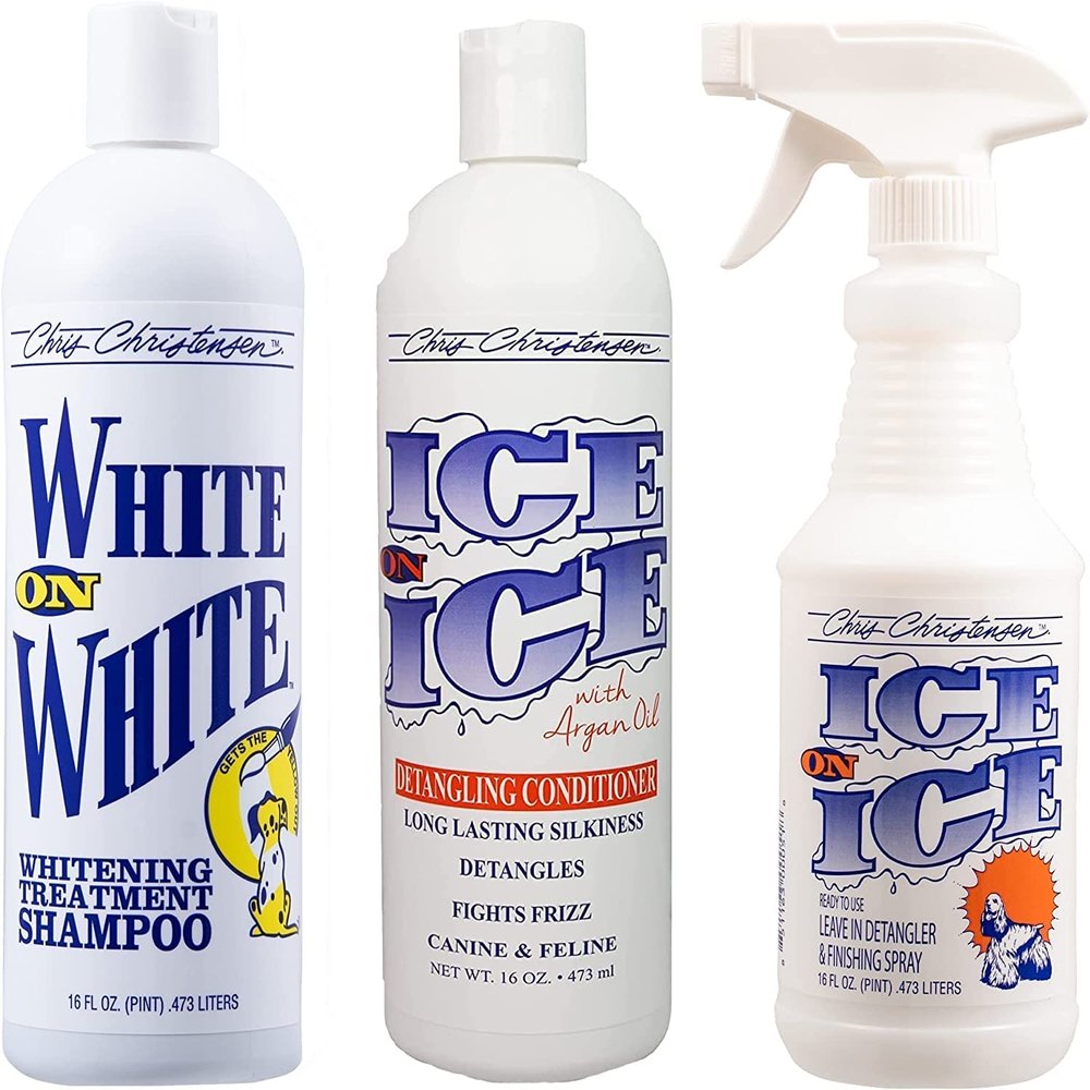 Chris Christensen Shampoo & Conditioner 16 oz Bundle - White on White Shampoo + Ice on Ice Detangling Conditioner + Ice on Ice Detangling/Finishing Spray, Groom Like a Professional, Made in USA