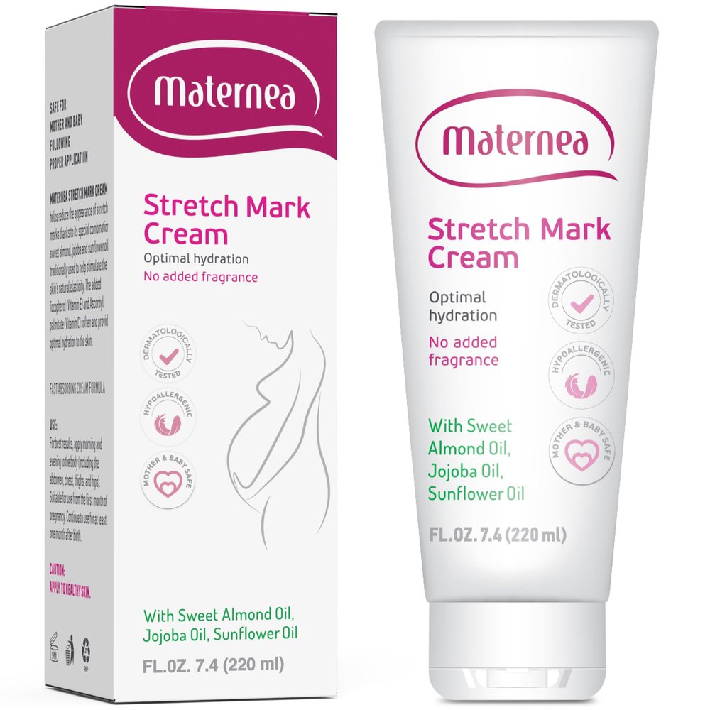 Maternea Stretch Mark Cream for Pregnancy  Nourishing Maternity Skin Care with Almond, Jojoba Oils, Vitamins C and E  Helps Hydrate and Improve The Look of Stretching Skin  7.44 FL. OZ. (220ml)