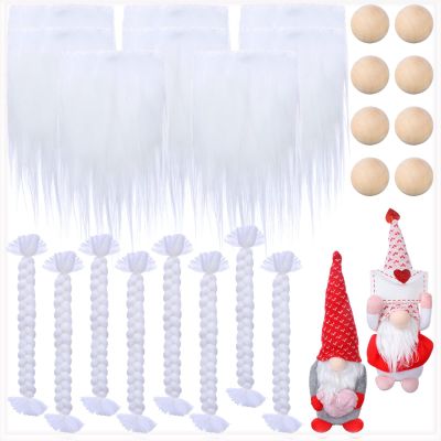 24 Pieces Pre-Cut Gnome Beard Braids Wooden Balls Nose Set Handmade Gnome Beard Fake Fluffy Gnome Beard Faux Fur Gnome Dwarf Beard Braids Unfinished Wooden Balls for DIY Your Gnomes