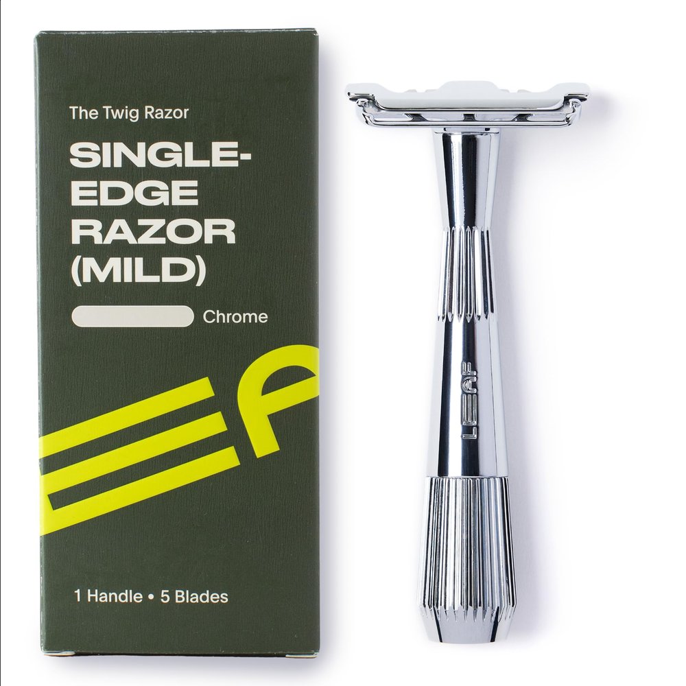 Leaf Shave | Leaf Twig Razor, All-Metal Single Blade Razor for Men & Women, Fixed Head with Magnetic Load Assist, Includes 5 Stainless Steel Blades- Face Shaving Lighter Hair Sensitive Skin - Chrome