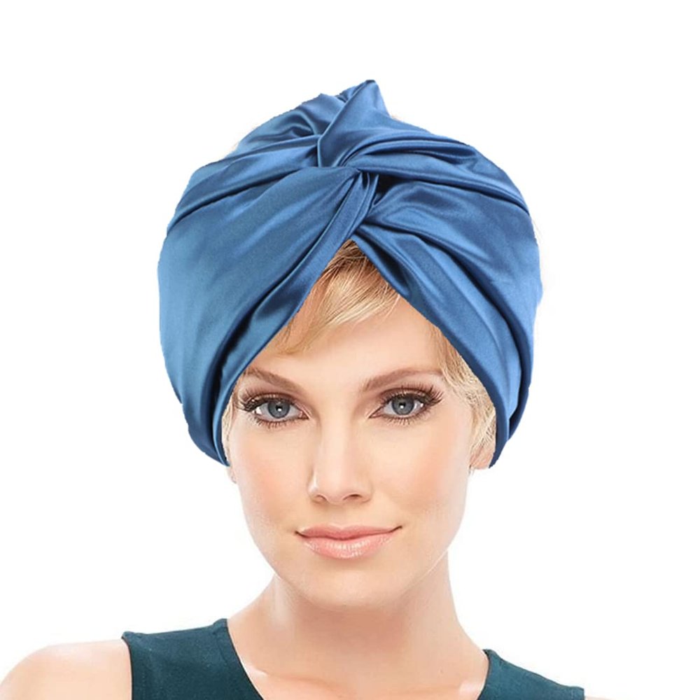 100% Silk Bonnet Sleep Cap for Women Night Bonnet for Hair Silk Night Bonnet with Elastic Cap Sleeping (Peacock Blue)