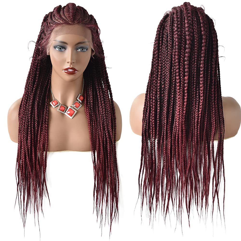 13''x6.5'' Soft Swiss Lace Front Hand Braided Wigs for African American Girls Baby Hair Front for Natural Looking Premium Quality Synthetic Hair 31'' Long Light Weight (#T1B/BUG Black Mix Red)