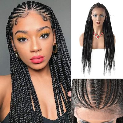 13''x6.5'' Soft Swiss Lace Front Hand Braided Wigs for African American Girls Baby Hair Front for Natural Looking Premium Quality Synthetic Hair 31'' Long Light Weight (#1B Black)