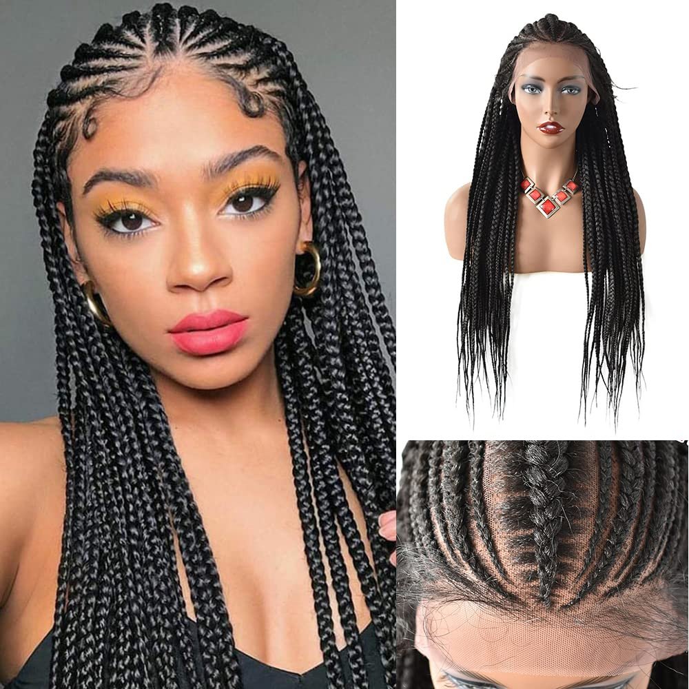 13''x6.5'' Soft Swiss Lace Front Hand Braided Wigs for African American Girls Baby Hair Front for Natural Looking Premium Quality Synthetic Hair 31'' Long Light Weight (#1B Black)
