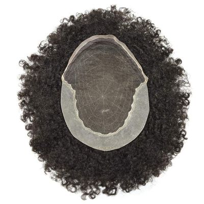 Afro Kinky Curly Mens Toupee Soft French Lace Clear Poly Hair Replacement System Brazilian Human Hair piece 4mm-12mm Afro Wave Natural Hairline (8x10''-120% Medium Density, 1B# Off Black--4mm afro wave)