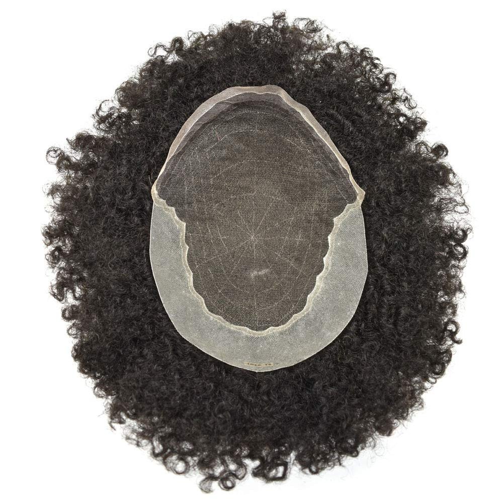 Afro Kinky Curly Mens Toupee Soft French Lace Clear Poly Hair Replacement System Brazilian Human Hair piece 4mm-12mm Afro Wave Natural Hairline (8x10''-120% Medium Density, 1B# Off Black--4mm afro wave)